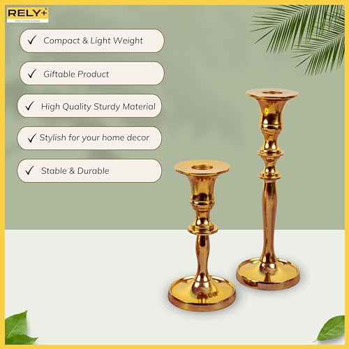 Rely+ Gold Metal Candle Holders for Taper Candlestick Set of 2 8" & 5.5" Tall Decorations for Home Table Centerpiece for Wedding, Parties, Dinners, Decorations - color: Gold