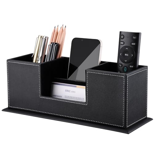 KINGFOM Office Supplies Desk Organizer PU Leather Storage Box 4 Divided Compartments for Pen Business Card Remote Control Mobile Phone Cosmetics Collection Holder (Black) - color: Black-L