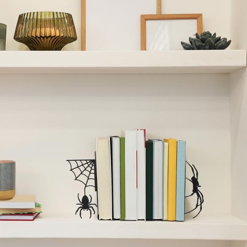 Geelin Creepy Spider Metal Bookends Set of 2 Styles Gothic Black Spider and Web Book Ends for Shelves Scary Home Office Desk Bookshelf Decor Gift for Book Lovers Reading Enthusiasts - style: Spider