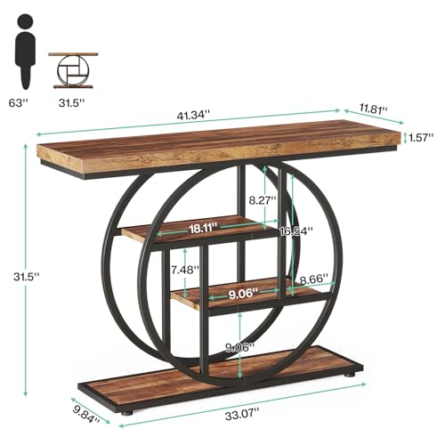 Tribesigns 41.3" Console Table, Industrial 4-Tier Sofa Table Entryway Table with Circle Base, Narrow Wood Accent Tables with Storage Shelves for Living Room, Hallway, Foyer, Rustic Brown - color: Rustic Brown