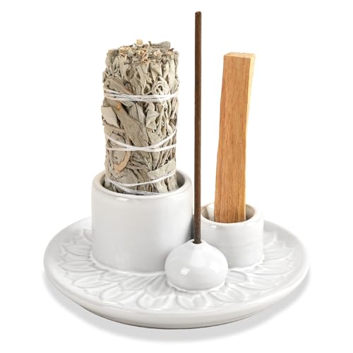 Palo Santo Sticks Holder, Multi-Purpose Handmade Ceramic Incense Burner for Palo Santo Incense Sticks, Sage Holder for Burning, Ash Catcher Tray for Meditation Yoga Room (White) - color: White