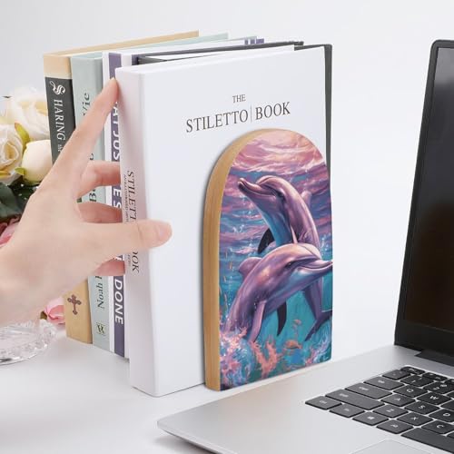 Dolphins Art Bookends for Shelves, Heavy Duty Wood Book Ends Decorative Book Holder for Bookshelf, Rustic Office Classroom Library Home Decor, 1 Pair (4.7x6.7 Inch)