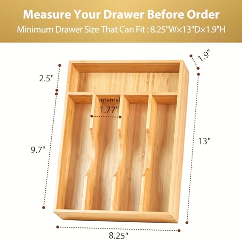 Umilife Bamboo Kitchen Drawer Organizer, 8.25 Inch Silverware Utensils Tray Holder for Small Drawer, Wood Caddy for Flatware Cutlery Knives - size: 8.25 x 13 inch (5 Slots)