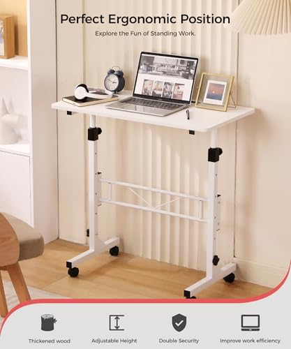 KLSMYHOKI Standing Desk Adjustable Height, Mobile Stand Up Desk with Wheels Small Computer Desk Rolling Desk, Portable Laptop Desk White Standing Table Home Office Desks 16"x31.5" Height 27"-43.5" - color: White