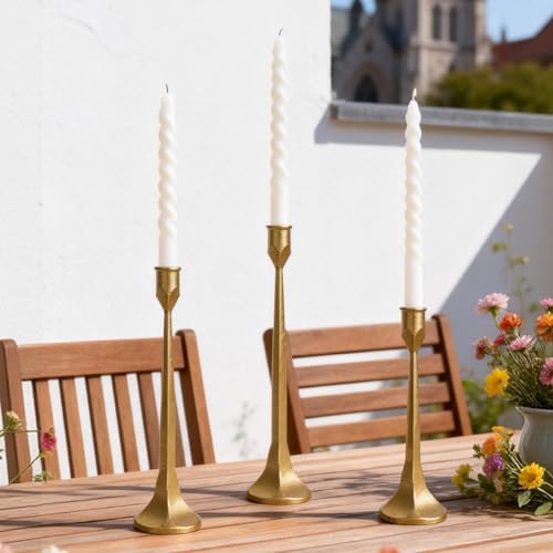 Gold Iron Taper Pillar Candle Holders Set of 3, Candlestick Holders Rustic Vintage Decorations, Tall Candle Stand for Home Decor Mantle Dining Coffee Table Outdoor Wedding-11.8"+13.8"+15.4" - color: Gold