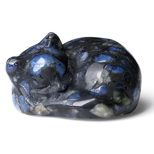 QINJIEJIE Blue Labradorite Cat Crystal Natural Healing Stone Sleeping Cat Statue Stone Figurine 1.6''Carved Polished Gemstones Decors Office Room Home Desk Decoration for Men Women Lovers - color: J-bule Labradorite, size: 1.5 inches