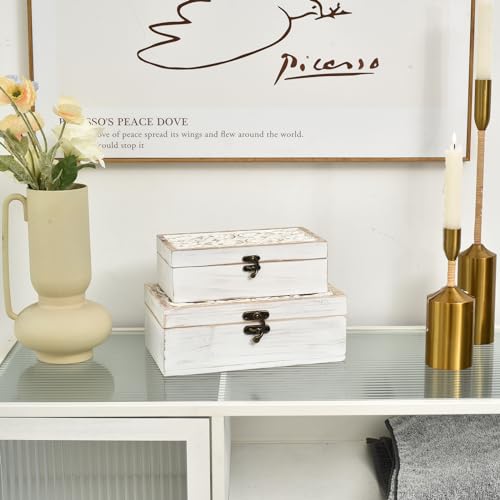 DECOR4SEASON White Wooden Storage Box Set of 2 - Distressed White-Washed Decorative Boxes with Hinged Lids - Hand Carved Solid Pine Organizer for Jewelry, Keepsakes, and Shabby Chic Home Décor - color: White, size: S&M