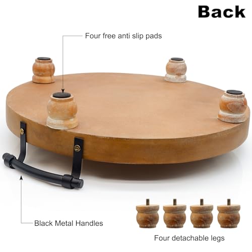 Wooden Decorative Tray for Coffee Table, Round Wood Serving Tray with Metal Handles, 13 Inch Rustic Wood Trays for Tale Centerpiece, Home Kitchen Farmhouse Decor