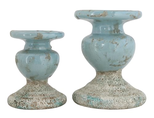 Creative Co-Op Large Distressed Blue Terracotta Pillar Candle Holder - color: Blue, size: 5.5" W x 6.5" H