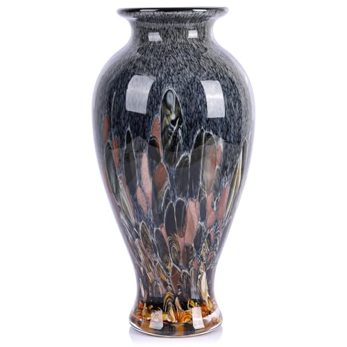 Hand Blown Glass Vase 11.8" Tall Beautiful Amber Blue Sea Wide Mouth Bud Vase for Table Centerpiece, Painted Colorful Murano Glass Flower Vases for - Home Entrance Wedding Center - color: Smoke