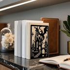 Peacoblue Metal Bookends for Shelves, Modern Decorative Heavy Duty Study Book Ends Stoppers for Office, Desk, Shelf, Room 5.3"x4.3"x7.9" Cast Iron Simple Tall Bookends 1 Pair (Dragon Castle) - style: Dragon and Castle