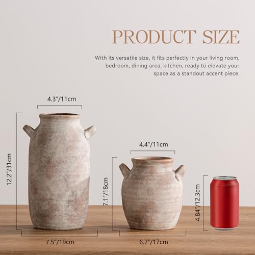 Vanselia Ceramic Flower Vase Home Decor - Farmhouse Table Vases with Handle Living Room Decoration Vintage Decorative Aesthetic for Shelf Coffee Dining Desk House Bookshelf Fireplace (7.1" Retro) - color: 7.1" Retro