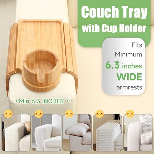 SINWANT Couch Cup Holder Tray,Large Bamboo Couch Armrest Table with Cup Holder,Foldable Anti-Slip Sofa Arm Tray for Coffee Cup,Water Bottles,Mug,Snacks,Remote - color: Bamboo