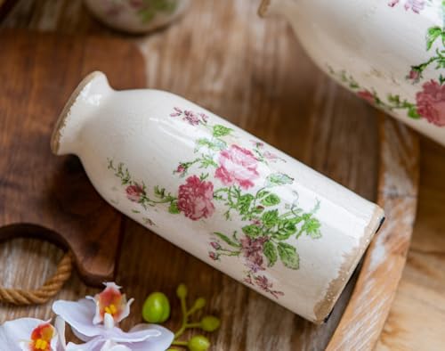 Ceramic Rustic Farmhouse Vase, Distressed Flower Vase for Home Decor, Ideal Shelf Decor, Boho Vase for Living Room Bedroom Kitchen Office Decor Centerpiece Table Decorations (6 inches) - color: Pink Flora, size: 6 Inch