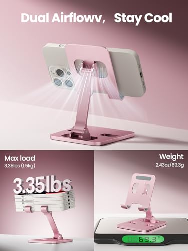 Phone Stand for Desk, Dual Folding Cell Phone Holder, Fully Adjustable Portable Mobile Phone Holder for iPhone 17 16 15 14 13 12 11 Pro Max Plus Air, Galaxy S25 S24, All Phones (Rose Gold) - color: Rose Gold