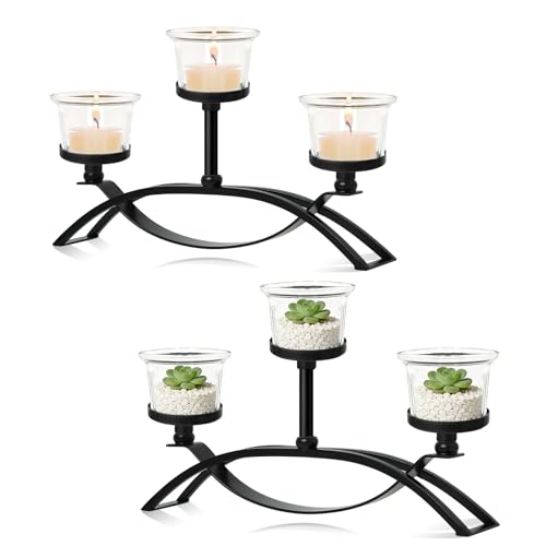 3-Arm Metal Tea Light Candle Holder Set with 5 Glass Cups, Votive Candle Holders Centerpiece Candelabra for Wedding Table Decor, Home Gatherings and Holidays (Black, 3 Cups-2 Pcs) - color: Black, size: 3 Cups-2 Pcs