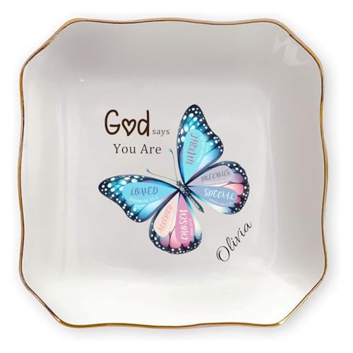 Personalized Ceramic Jewelry Dish, Custom Birth Flower & Name Trinket Tray for Mother's Day, Bridesmaid, Birthday Gift - 4 Shape1s Available (Butterfly Jewelry Tray - Waved Square) - color: Butterfly Jewelry Tray - Waved Square