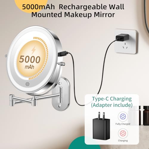 FUNTOUCH 5000mAh Rechargeable Wall Mounted Makeup Mirror with Lights,Double Sided 1X/30X Magnification,3 Color Lights,Touch Dimmable,Extended Arm 360 Rotation Lighted Bathroom Mirror - color: Polished Chrome