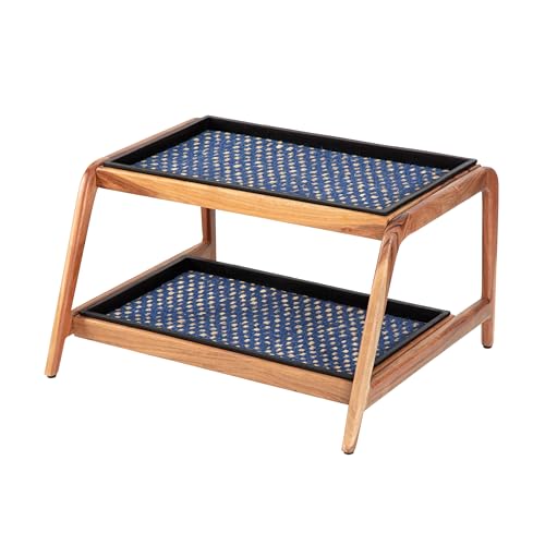 Anji Mountain Heavy Duty Waterproof Wooden Shoe Storage Mat Organizer/Boot Storage Tray Multi Use for Entryway with Coir, Blue and Ivory Insert, 2 Tier, Fits 4 Pair (26.5" Wide) - color: Blue and Ivory, size: 36.5" 22" 15"