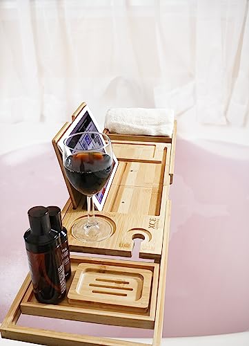 XcE Foldable Bamboo Bathtub Caddy Tray - Expandable to 41 Inches with Non-Slip Pads & Book Stand for Couples Luxury Bath