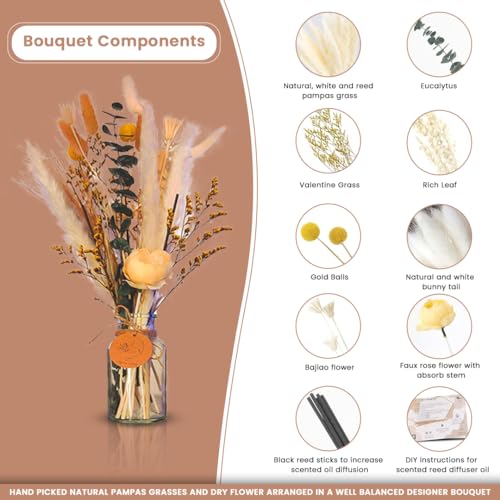 Homey Breeze Natural Dried Pampas Grass Decor with Vase - 15 Inches 23 Pcs 10 Styles, Pampas Grass with Vase Included - Small Pampas Grass for Home Decor, Wedding, Party, Birthday