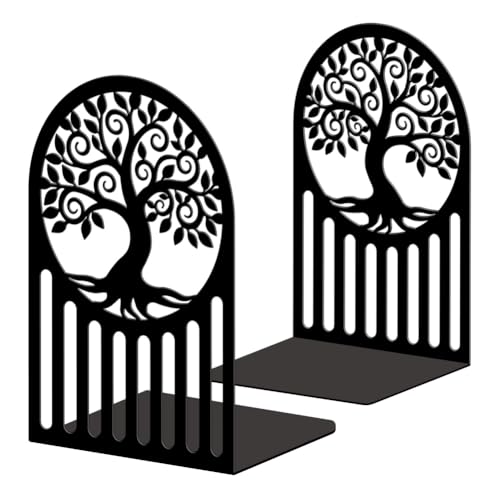 Peacoblue Metal Bookends for Shelves, Modern Decorative Heavy Duty Study Book Ends Stoppers for Office, Desk, Shelf, Room 5.3"x4.3"x7.9" Cast Iron Simple Tall Bookends 1 Pair (Tree of Life Pattern) - style: Tree Of Life Pattern