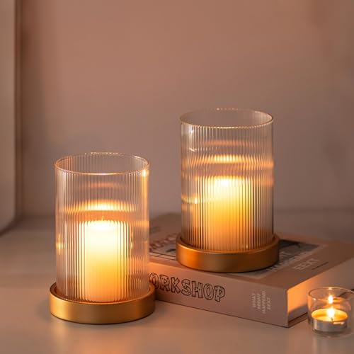 Glasseam Hurricane Glass Candle Holder: Gold Pillar Candle Holders Set of 2 Ribbed Glass Cylinder Covers with Metal Candle Tray Modern Candle Holders for Table Centerpiece Living Room Decorations - color: Gold