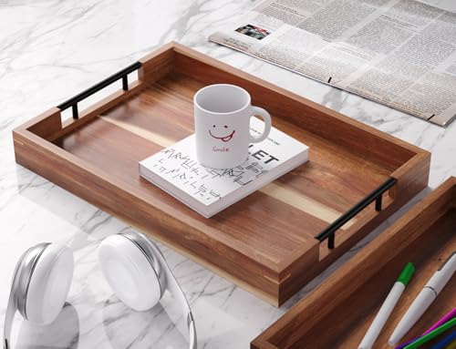 Fibogollo Acacia Wood Set of 2 Serving Tray with Metal Handles,Ottoman Decorative Trays Platter for Coffee Table,Living Room,Bar,Party - size: 15 x 10 in and 17 x 12 in - Set of 2
