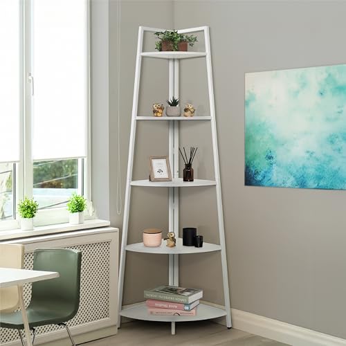 CAPHAUS Tall Corner Shelf Stand, 5-Tier Display Shelves, Ladder Corner Wood Storage Plant Bookshelf with Metal Frame, Versatile Shelving Unit Bookcase for Home Office Space, White - color: White, size: 5-Tier