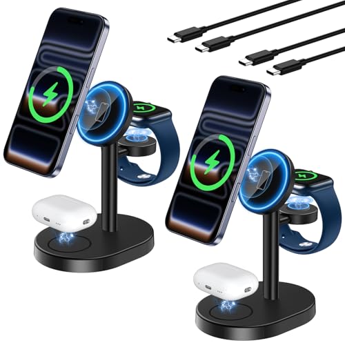 2 Pack Hevanto 2026 3 in 1 Wireless Charging Station for Apple MagSafe Charger, 15W Fast Magnetic Mag-Safe Charger Stand for iPhone 17 16 15 14 13 12 Apple Watch AirPods (Adaptor Not Included) - color: 2Pack_MagBlack