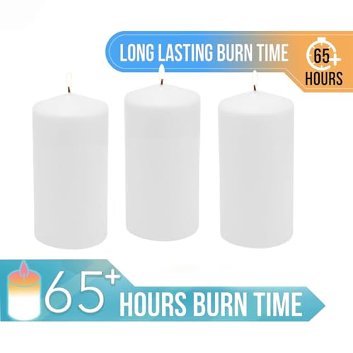 Stonebriar 3 Pack Tall 3 x 6 Inch 65 Hour Long Burning Unscented White Wax Pillar Candles - size: 3" x 6", style: Pack of 3