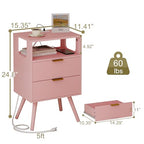 JOONEE Pink Nightstand with Charging Station and LED Lights,Modern Bedside Table with 2 Storage Drawer and Open Wood Shelf, for Bedroom and Small Spaces,Night Stand with Solid Wood Legs,Pink - color: Pink