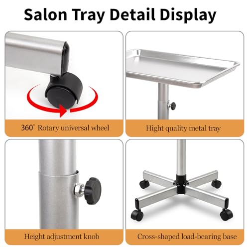Salon Tray on Wheels, Rolling Tattoo Tray, Adjustable Hair Stylist Tray, Metal Mayo Stand Tray, Salon Color Tray Use As Medical Tray, No-Rusting - color: Silver