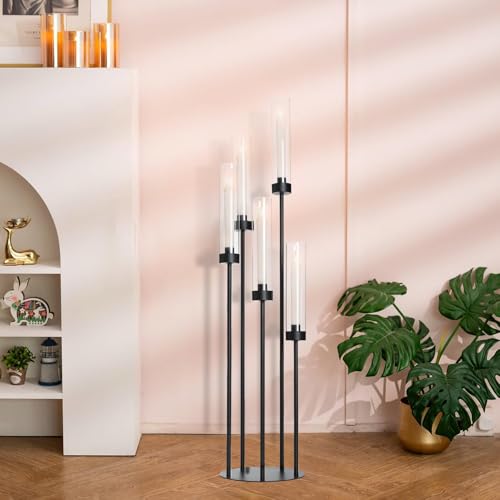 39.8''Matte Black Candle Holder with Acrylic Shades Tall 5 Arm Candelabra Black Table Centerpiece 2PCS for Wedding Living Dining Room Fireplace Decoration Fit 0.98''LED Taper Candle - color: Black, size: 2pcs