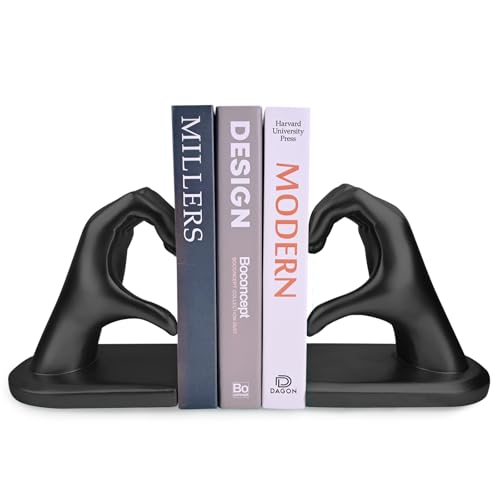 Black Decorative Bookends for Shelves, Heart Hands Book Ends Sculpture Aesthetic Decor for Bedroom Living Room Merch Apartment Bookshelf Birthday Women Decorations Stuff Aesthetic - color: Black
