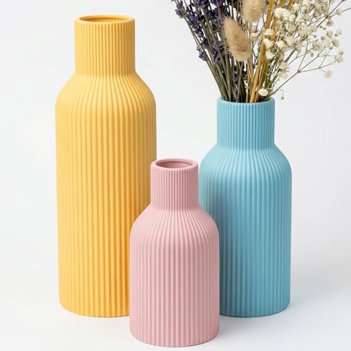 Colorful Ceramic Vases Set of 3 (Pink, Blue, Yellow) - Modern Matte Ribbed Color-Block Vases for Dried Flowers - Scandi Boho Decor Centerpieces for Living Room & Shelf - color: Pink/Blue/Yellow