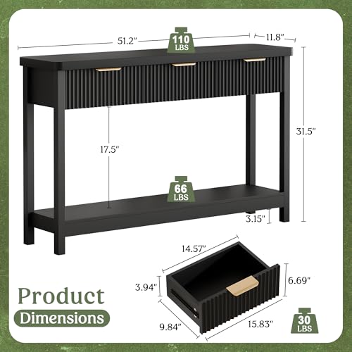 Lulive 51" Fluted Console Table for Entryway, Entryway Table with 3 Wooden Drawers, Farmhouse Behind Sofa Table for Living Room, Hallway, Couch, Foyer - color: Black