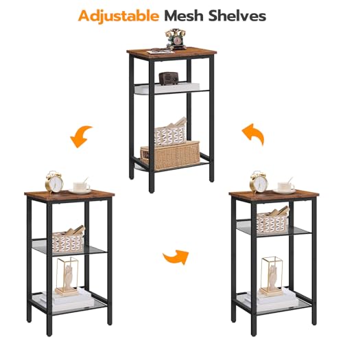 HOOBRO Side Table, 3-Tier Tall End Telephone Table with Adjustable Mesh Shelves, Small Entry Table for Living Room Bedroom Hallway or Office, Rustic Brown and Black BF01DH01G1 - color: Rustic Brown + Black