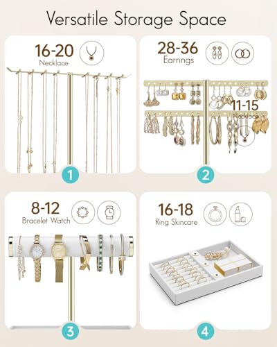 VLANDO 3 Tier Jewelry Stand Organizer with Tary, Leather Jewelry Holder Display for Women, Gold Jewlery Holder Display for Necklace, Earring, Bracelet, Rings - White - color: A. White, size: 3-Layer