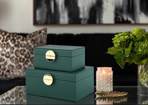 HofferRuffer Faux Leather Jewelry Boxes, Decorative Boxes Storage Accessory Organizer with Gold Hardware Decor, Classic Vegan Leather Set of 2 Pieces (Green) - color: Green