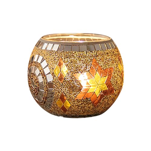 Mosaic Glass Tea Light Holders Romantic Stained Votive Candle Holder, MIATTCLD Round Handmade Tealight Candle Holder for Table Centerpieces, Christmas, Valentine, Birthday Party, Home Decor (H)