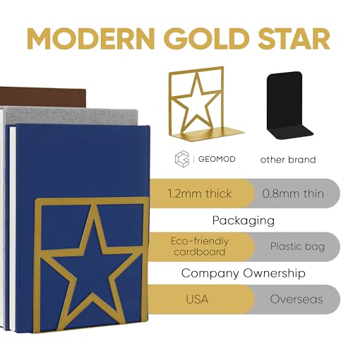 GEOMOD Gold Star Metal Bookends Heavy Duty for Desk & Shelves, Non-Slip Metal Bookends for Bookshelf End Holders, Modern Decorative Book Ends Gold, Book Holder for Office, Study & Home Library 2 Pairs - color: Gold, size: 2 Pairs, style: Star