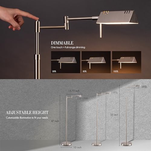 O’Bright Dimmable LED Pharmacy Floor Lamp, 12W LED, Full Range Dimming, 360 Degree Swing Arms, Adjustable Heights, Standing Lamp for Reading, Sewing, and Craft, ETL Listed, Brushed Nickel - color: Brushed Nickel