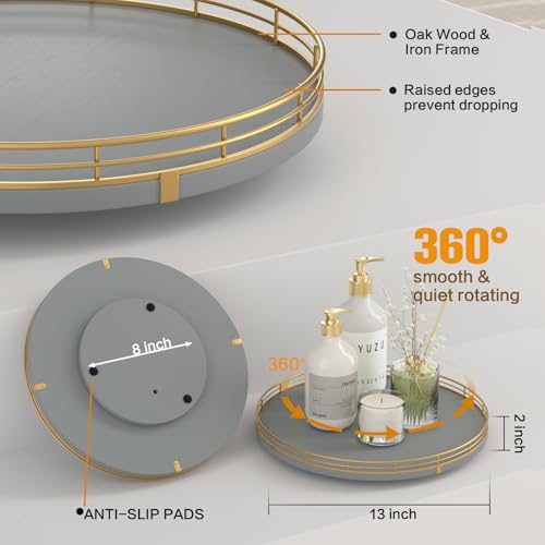 13" Wooden Lazy Susan Turntable for Cabinet – Round Rotating Spice Rack Organizer, Gray Kitchen Countertop Tray for Dining Table & Pantry Storage（Gray & Gold） - color: Gray & Gold, size: 13