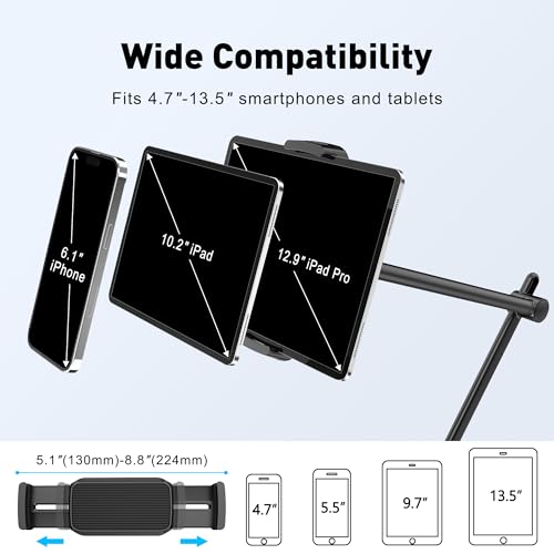 AboveTEK Tablet Stand Holder for Desk & Bed, Aluminum iPad Holder Arm with 360° Rotating Clamp, Adjustable Phone Stand Compatible with 4.7"-13.5" iPad Pro/Air/Mini, iPhone, Galaxy Tab- Black - color: Black