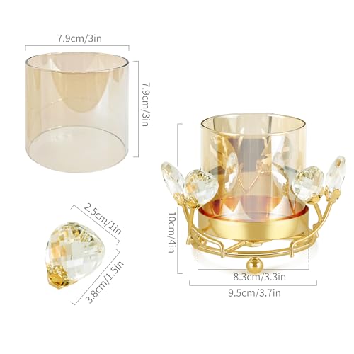 Hurricane Candle Holder, Gold Pillar with Crystal Accents & Windproof Glass Lid - Elegant Centerpiece for Weddings, Dinners, Party Decor - size: Small