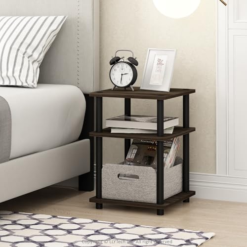 Furinno TURN-N-TUBE Side Table, 3-Tier Square Modern End Table, Open Shelves Nightstand, Night Stand, Bedside Table, Easy Assembly, for Living Room, Bedroom, Columbia Walnut - color: Columbia Walnut/Black, size: 3-Tier With Open Shelves