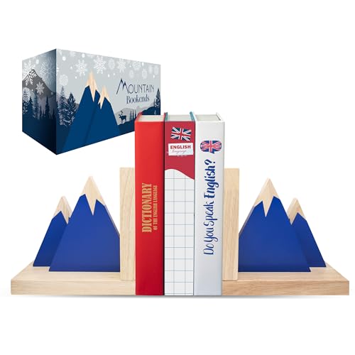 Decorably Blue Mountain Book Ends for Kids Books - 1 Set Non-Skid Wooden Bookends for Kids, Book Ends for Shelves, Kid's Room, Baby's Nursery, Classroom