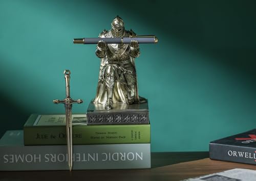 King's Guard Leader Cloak Warrior Knight Pen Holder Mobile Phone Stand, Ornament Knight Statue, Pen Stand Paperweight for Office and Home (Bronze) - color: Bronze