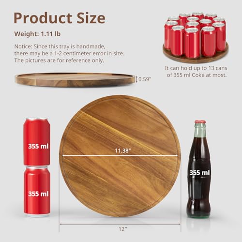 12 Inch Acacia Wood Round Tray, Wooden Decorative Serving Coffee Table Tray Centerpiece Candle Holder for Farmhouse Kitchen Dining Room Home Decor Coffee Table Decor and Accessories - color: Acacia, size: 12"